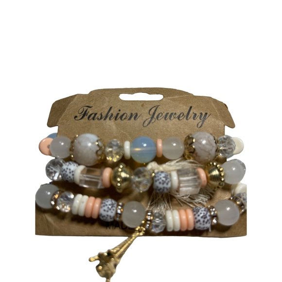 Multilayer Crystal Stone Bead Bracelets Tassels and Charms Peach White and Gold - Picture 2 of 5